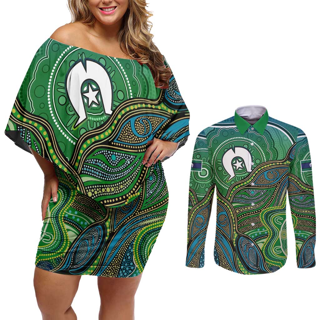 Torres Strait Islands Couples Matching Off Shoulder Short Dress and Long Sleeve Button Shirt Indigenous Ocean Wave Dot Green Color