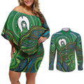Torres Strait Islands Couples Matching Off Shoulder Short Dress and Long Sleeve Button Shirt Indigenous Ocean Wave Dot Green Color