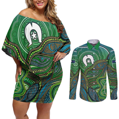 Torres Strait Islands Couples Matching Off Shoulder Short Dress and Long Sleeve Button Shirt Indigenous Ocean Wave Dot Green Color