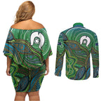 Torres Strait Islands Couples Matching Off Shoulder Short Dress and Long Sleeve Button Shirt Indigenous Ocean Wave Dot Green Color