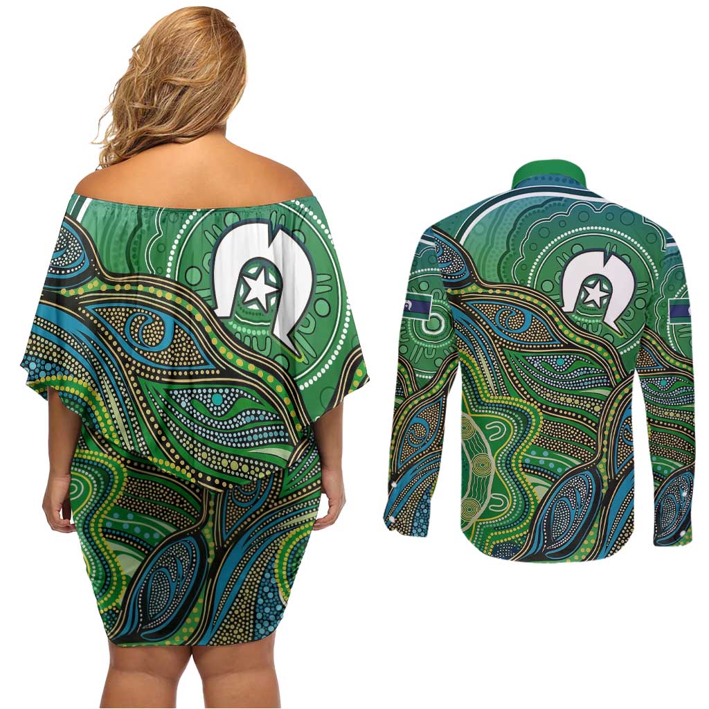 Torres Strait Islands Couples Matching Off Shoulder Short Dress and Long Sleeve Button Shirt Indigenous Ocean Wave Dot Green Color