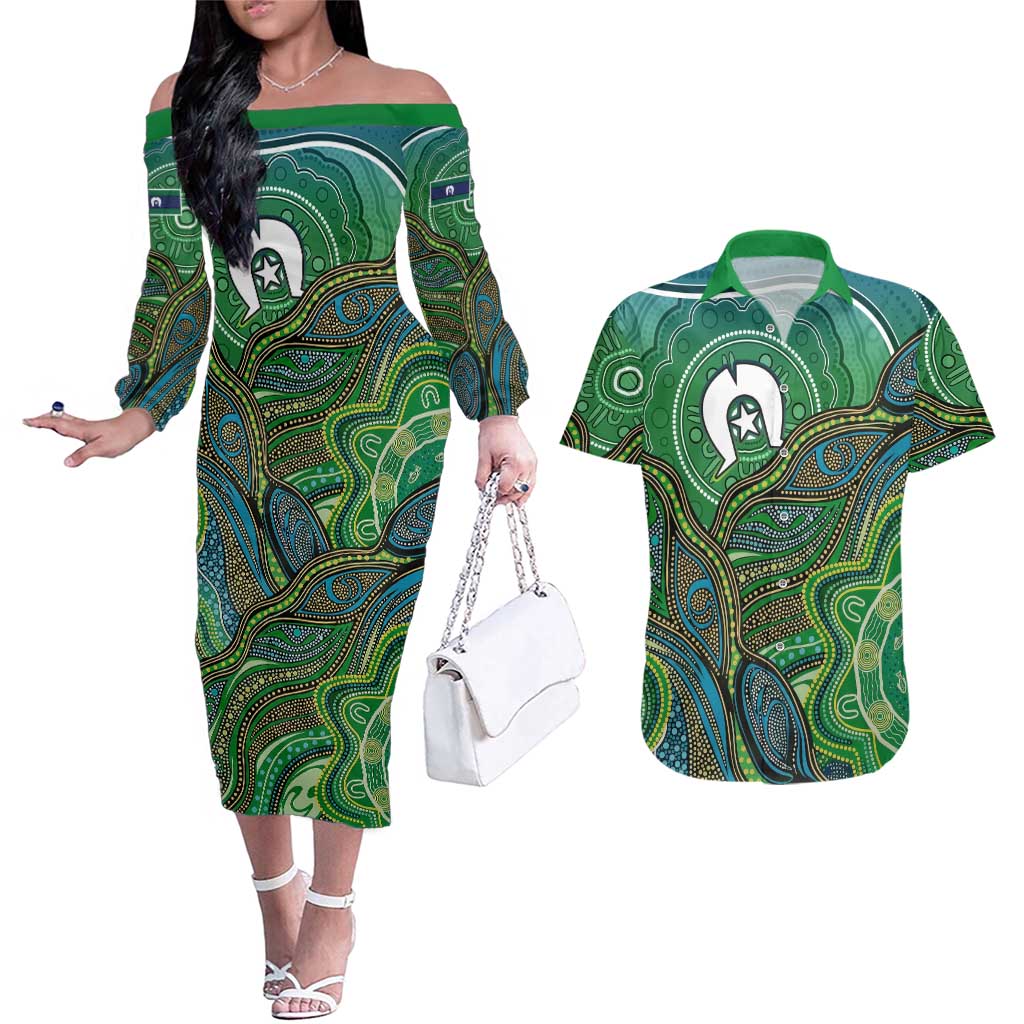 Torres Strait Islands Couples Matching Off The Shoulder Long Sleeve Dress and Hawaiian Shirt Indigenous Ocean Wave Dot Green Color