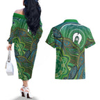Torres Strait Islands Couples Matching Off The Shoulder Long Sleeve Dress and Hawaiian Shirt Indigenous Ocean Wave Dot Green Color