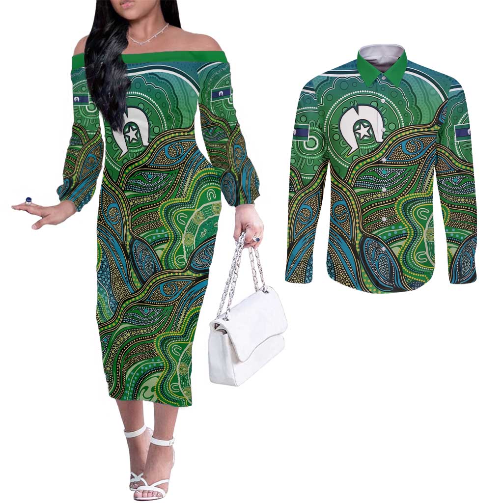 Torres Strait Islands Couples Matching Off The Shoulder Long Sleeve Dress and Long Sleeve Button Shirt Indigenous Ocean Wave Dot Green Color