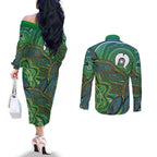 Torres Strait Islands Couples Matching Off The Shoulder Long Sleeve Dress and Long Sleeve Button Shirt Indigenous Ocean Wave Dot Green Color