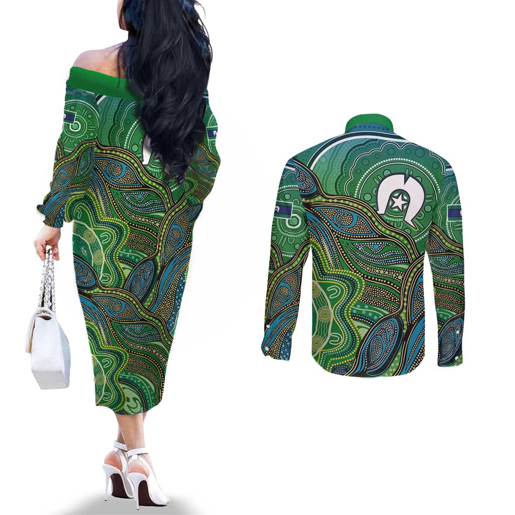 Torres Strait Islands Couples Matching Off The Shoulder Long Sleeve Dress and Long Sleeve Button Shirt Indigenous Ocean Wave Dot Green Color