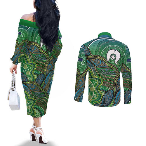 Torres Strait Islands Couples Matching Off The Shoulder Long Sleeve Dress and Long Sleeve Button Shirt Indigenous Ocean Wave Dot Green Color