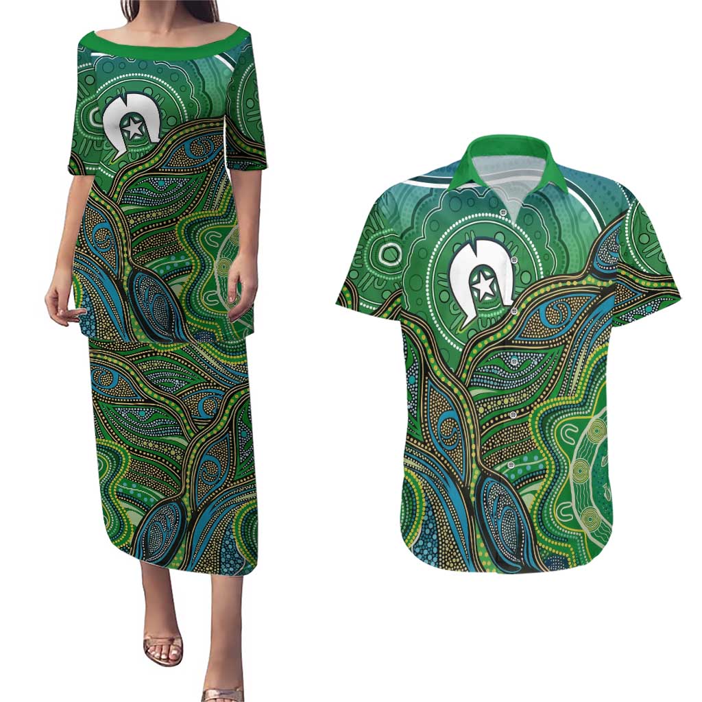 Torres Strait Islands Couples Matching Puletasi and Hawaiian Shirt Indigenous Ocean Wave Dot Green Color