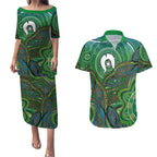 Torres Strait Islands Couples Matching Puletasi and Hawaiian Shirt Indigenous Ocean Wave Dot Green Color