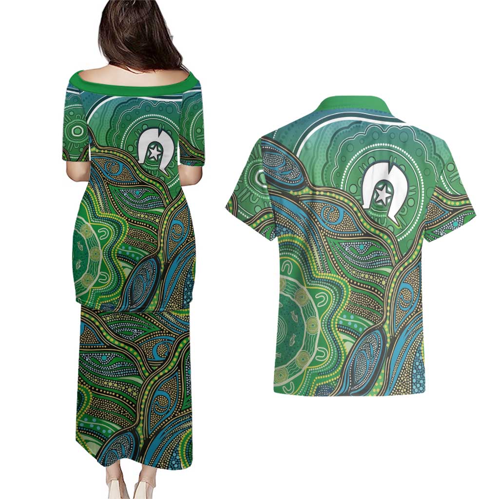 Torres Strait Islands Couples Matching Puletasi and Hawaiian Shirt Indigenous Ocean Wave Dot Green Color