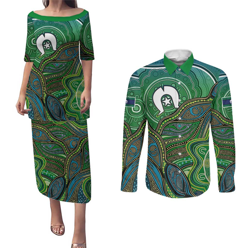 Torres Strait Islands Couples Matching Puletasi and Long Sleeve Button Shirt Indigenous Ocean Wave Dot Green Color