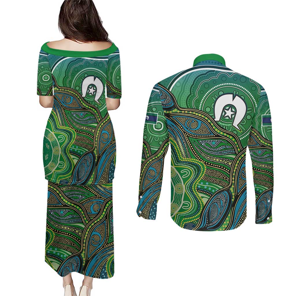 Torres Strait Islands Couples Matching Puletasi and Long Sleeve Button Shirt Indigenous Ocean Wave Dot Green Color