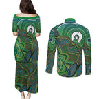 Torres Strait Islands Couples Matching Puletasi and Long Sleeve Button Shirt Indigenous Ocean Wave Dot Green Color