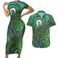 Torres Strait Islands Couples Matching Short Sleeve Bodycon Dress and Hawaiian Shirt Indigenous Ocean Wave Dot Green Color
