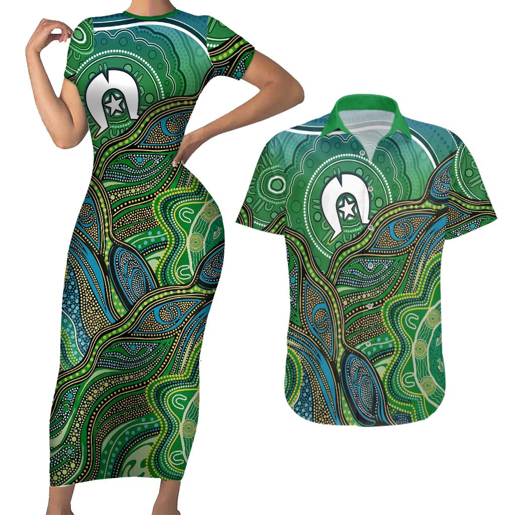 Torres Strait Islands Couples Matching Short Sleeve Bodycon Dress and Hawaiian Shirt Indigenous Ocean Wave Dot Green Color