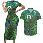Torres Strait Islands Couples Matching Short Sleeve Bodycon Dress and Hawaiian Shirt Indigenous Ocean Wave Dot Green Color