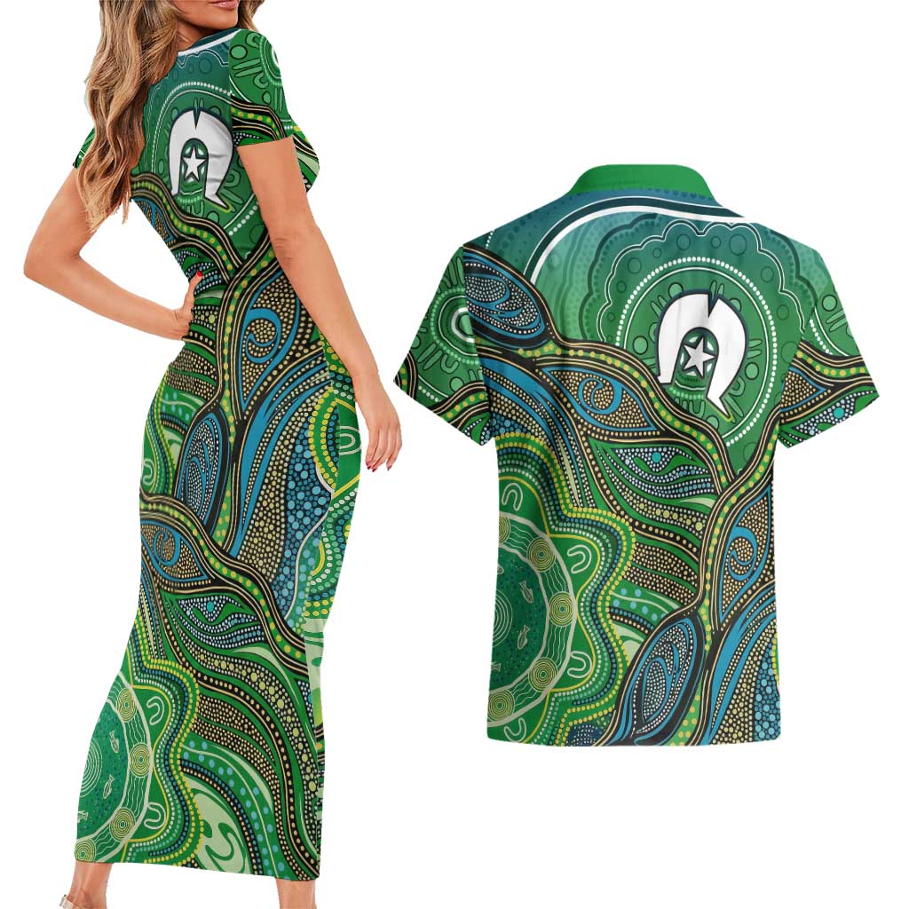 Torres Strait Islands Couples Matching Short Sleeve Bodycon Dress and Hawaiian Shirt Indigenous Ocean Wave Dot Green Color