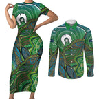 Torres Strait Islands Couples Matching Short Sleeve Bodycon Dress and Long Sleeve Button Shirt Indigenous Ocean Wave Dot Green Color