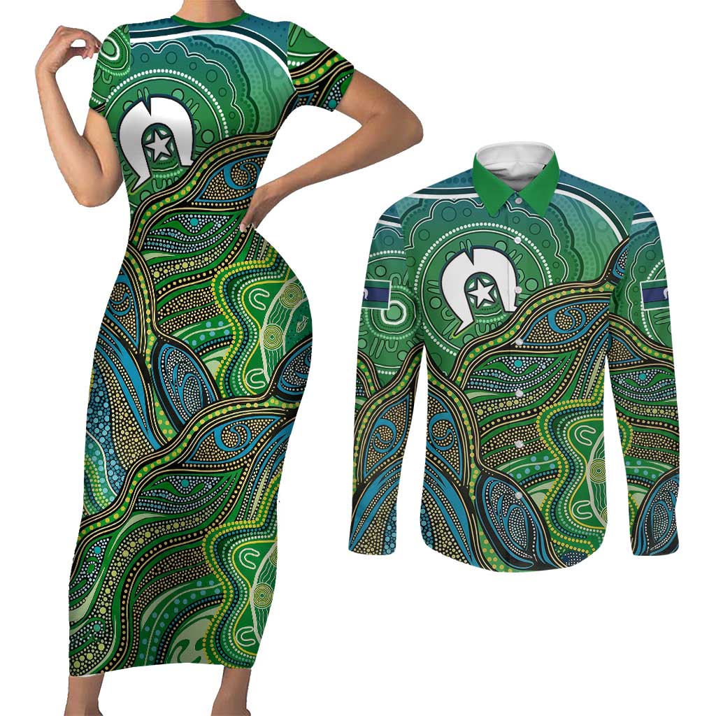 Torres Strait Islands Couples Matching Short Sleeve Bodycon Dress and Long Sleeve Button Shirt Indigenous Ocean Wave Dot Green Color