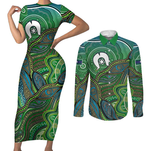 Torres Strait Islands Couples Matching Short Sleeve Bodycon Dress and Long Sleeve Button Shirt Indigenous Ocean Wave Dot Green Color
