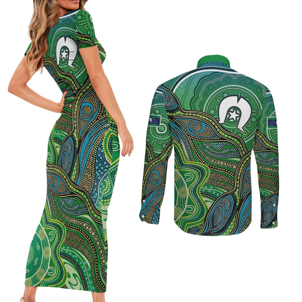 Torres Strait Islands Couples Matching Short Sleeve Bodycon Dress and Long Sleeve Button Shirt Indigenous Ocean Wave Dot Green Color