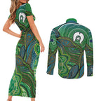Torres Strait Islands Couples Matching Short Sleeve Bodycon Dress and Long Sleeve Button Shirt Indigenous Ocean Wave Dot Green Color