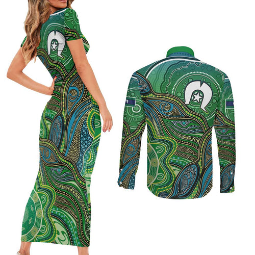 Torres Strait Islands Couples Matching Short Sleeve Bodycon Dress and Long Sleeve Button Shirt Indigenous Ocean Wave Dot Green Color