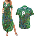 Torres Strait Islands Couples Matching Summer Maxi Dress and Hawaiian Shirt Indigenous Ocean Wave Dot Green Color