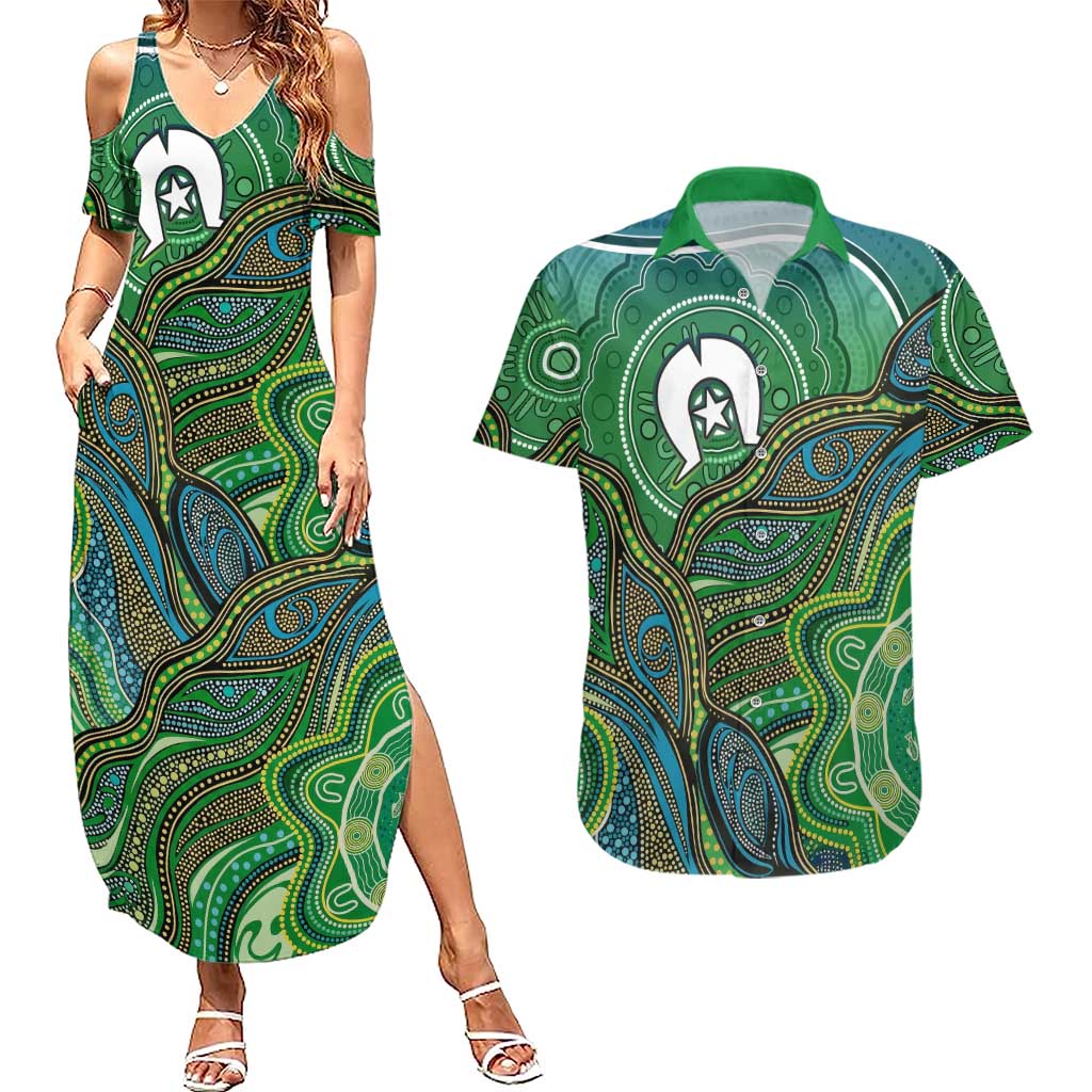 Torres Strait Islands Couples Matching Summer Maxi Dress and Hawaiian Shirt Indigenous Ocean Wave Dot Green Color