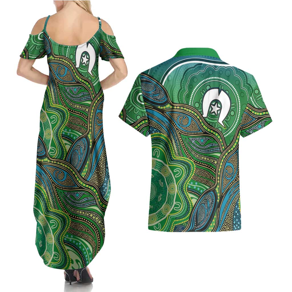 Torres Strait Islands Couples Matching Summer Maxi Dress and Hawaiian Shirt Indigenous Ocean Wave Dot Green Color
