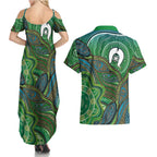 Torres Strait Islands Couples Matching Summer Maxi Dress and Hawaiian Shirt Indigenous Ocean Wave Dot Green Color
