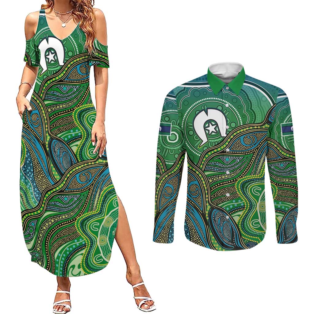 Torres Strait Islands Couples Matching Summer Maxi Dress and Long Sleeve Button Shirt Indigenous Ocean Wave Dot Green Color
