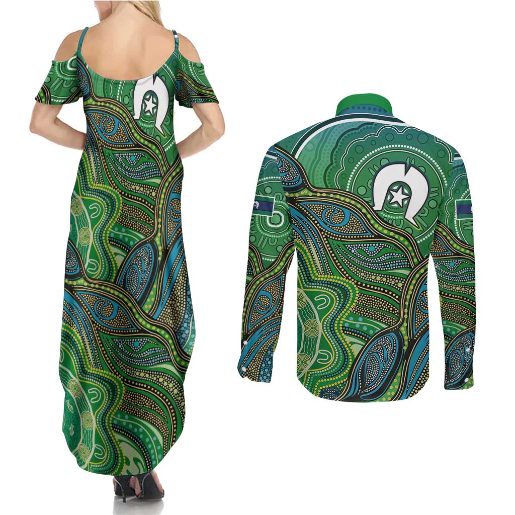 Torres Strait Islands Couples Matching Summer Maxi Dress and Long Sleeve Button Shirt Indigenous Ocean Wave Dot Green Color