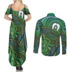 Torres Strait Islands Couples Matching Summer Maxi Dress and Long Sleeve Button Shirt Indigenous Ocean Wave Dot Green Color
