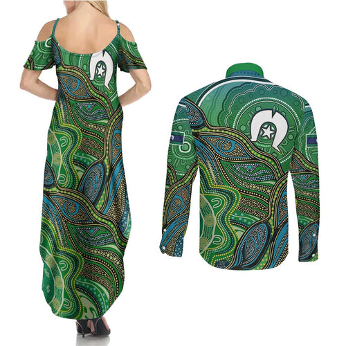 Torres Strait Islands Couples Matching Summer Maxi Dress and Long Sleeve Button Shirt Indigenous Ocean Wave Dot Green Color