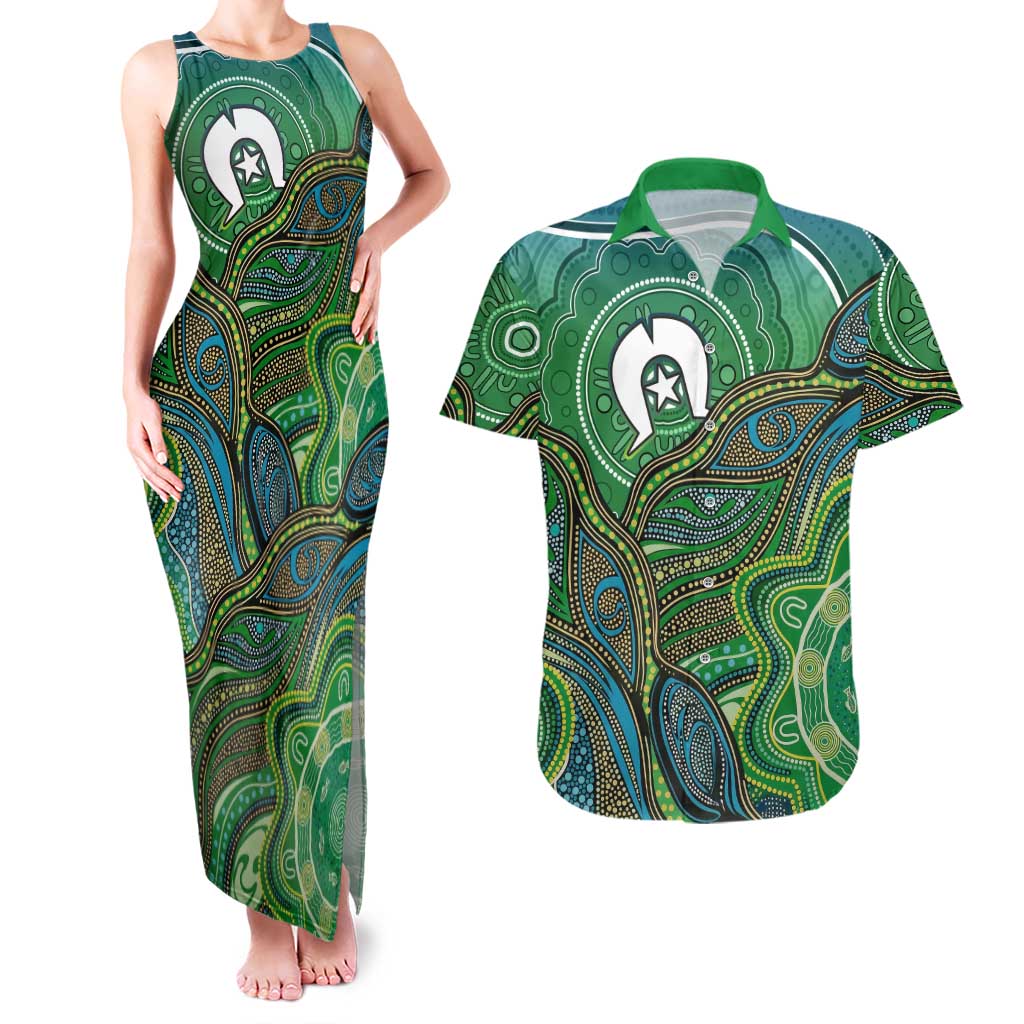 Torres Strait Islands Couples Matching Tank Maxi Dress and Hawaiian Shirt Indigenous Ocean Wave Dot Green Color