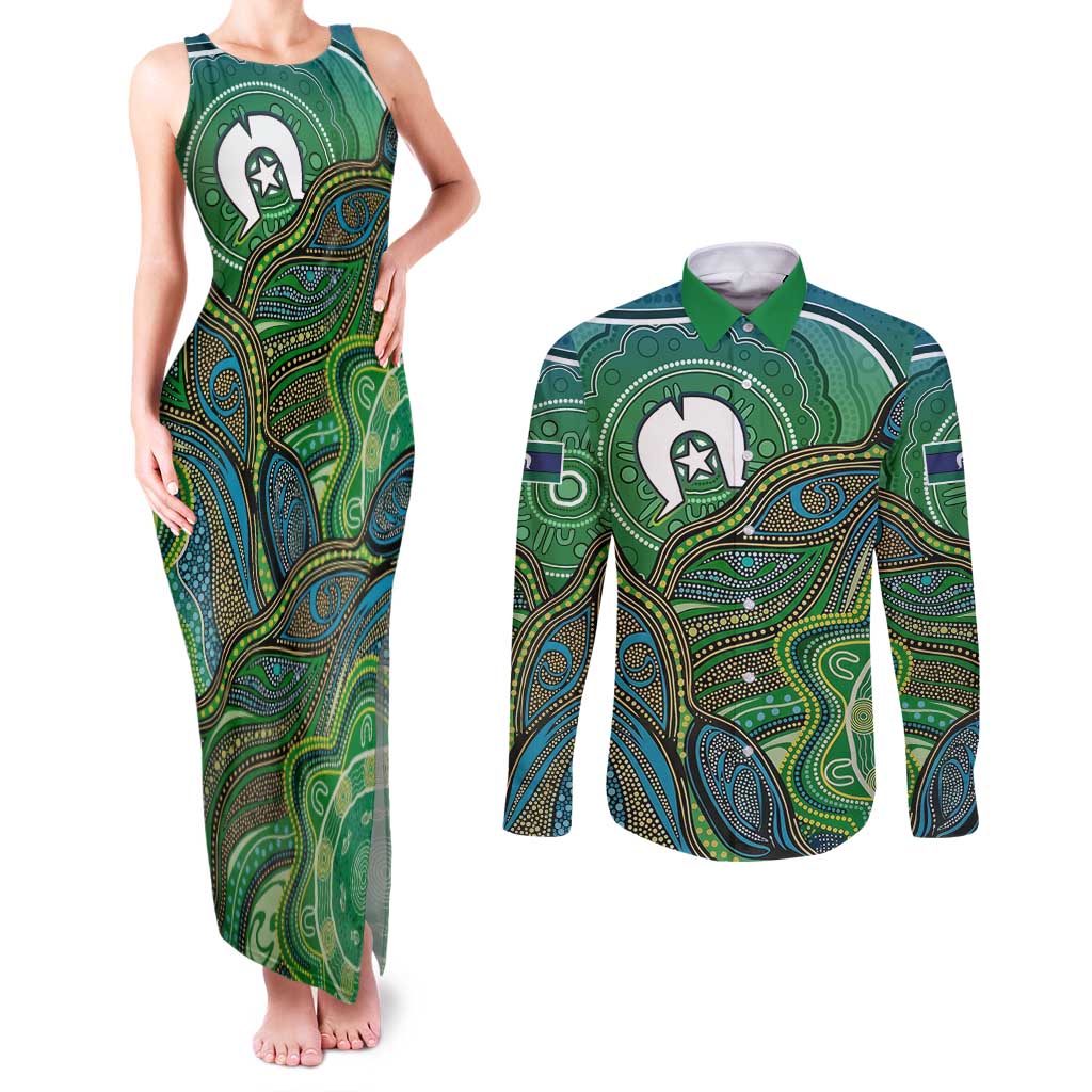Torres Strait Islands Couples Matching Tank Maxi Dress and Long Sleeve Button Shirt Indigenous Ocean Wave Dot Green Color