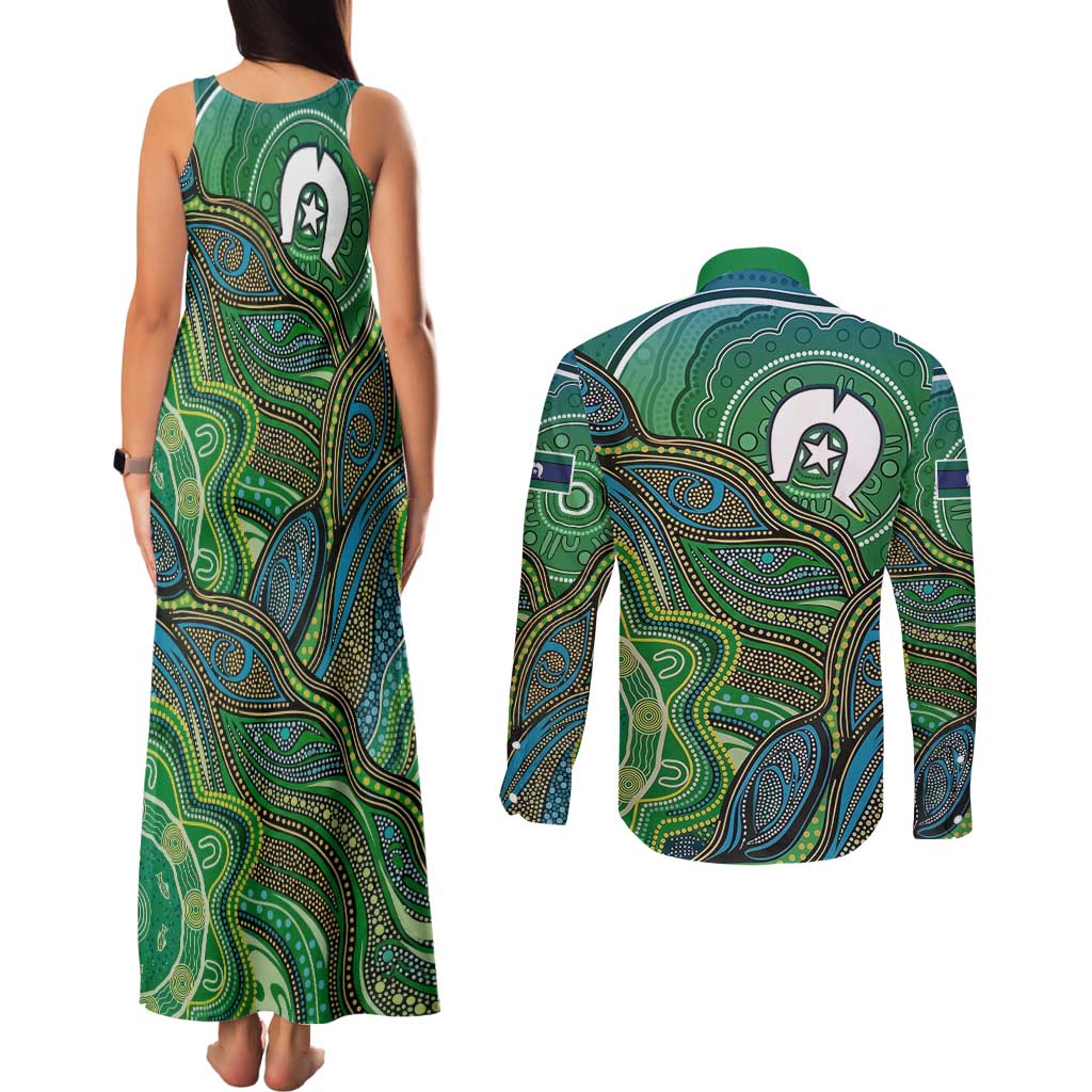 Torres Strait Islands Couples Matching Tank Maxi Dress and Long Sleeve Button Shirt Indigenous Ocean Wave Dot Green Color