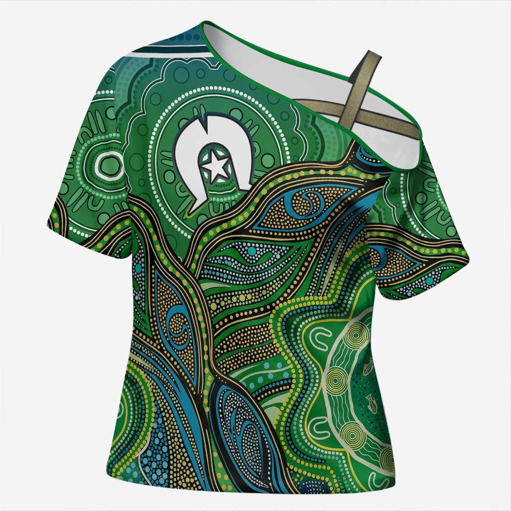 Torres Strait Islands Cross Shoulder Shirt Indigenous Ocean Wave Dot Green Color