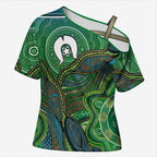 Torres Strait Islands Cross Shoulder Shirt Indigenous Ocean Wave Dot Green Color
