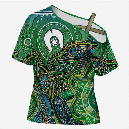 Torres Strait Islands Cross Shoulder Shirt Indigenous Ocean Wave Dot Green Color