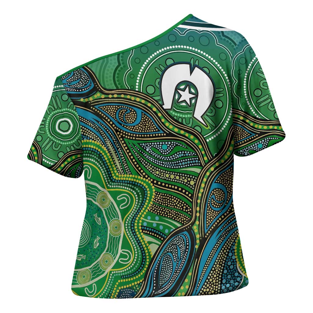 Torres Strait Islands Cross Shoulder Shirt Indigenous Ocean Wave Dot Green Color