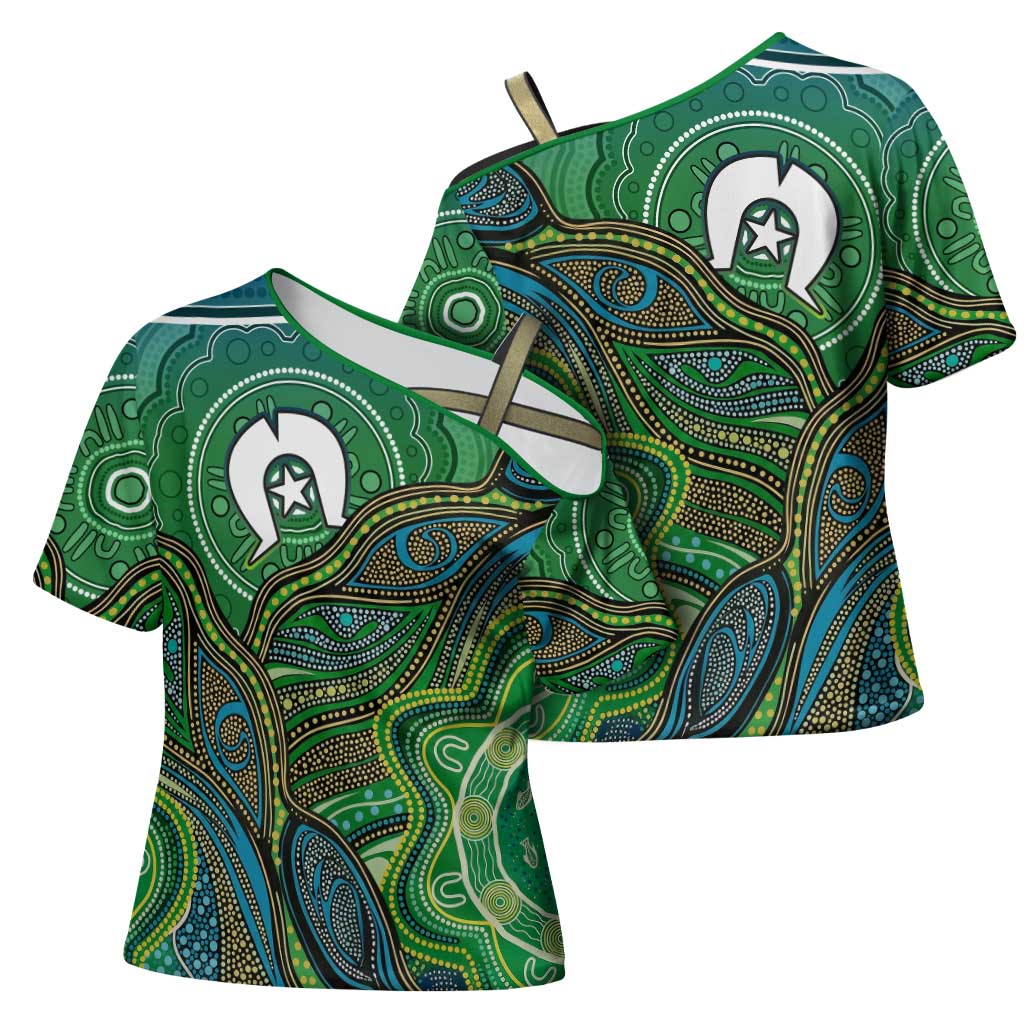 Torres Strait Islands Cross Shoulder Shirt Indigenous Ocean Wave Dot Green Color