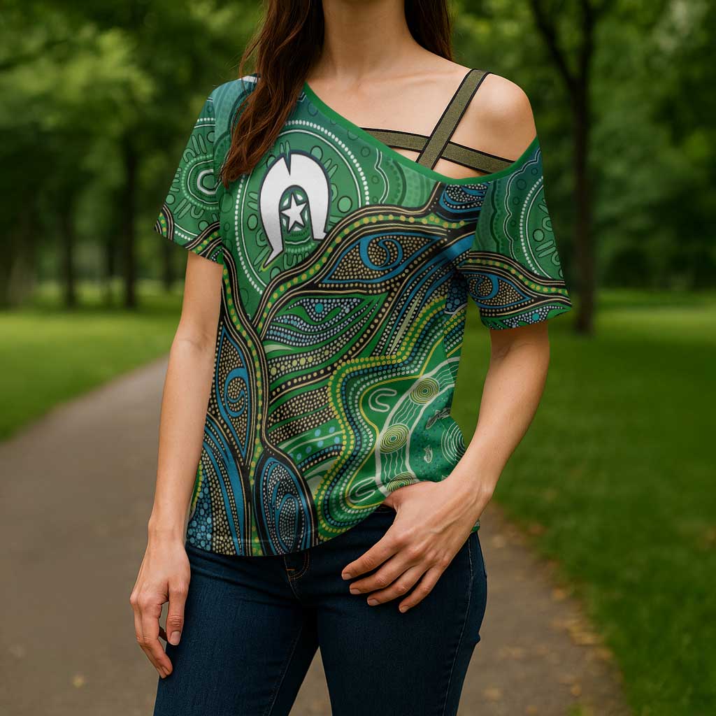 Torres Strait Islands Cross Shoulder Shirt Indigenous Ocean Wave Dot Green Color