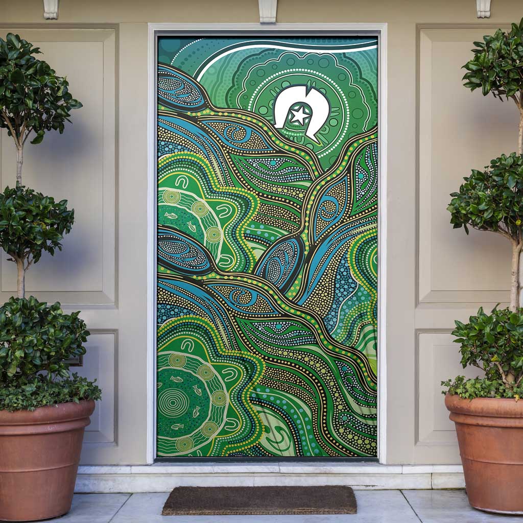 Torres Strait Islands Door Cover Indigenous Ocean Wave Dot Green Color