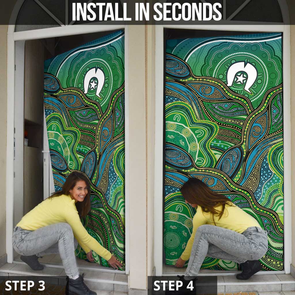 Torres Strait Islands Door Cover Indigenous Ocean Wave Dot Green Color