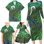 Torres Strait Islands Family Matching Long Sleeve Bodycon Dress and Hawaiian Shirt Indigenous Ocean Wave Dot Green Color