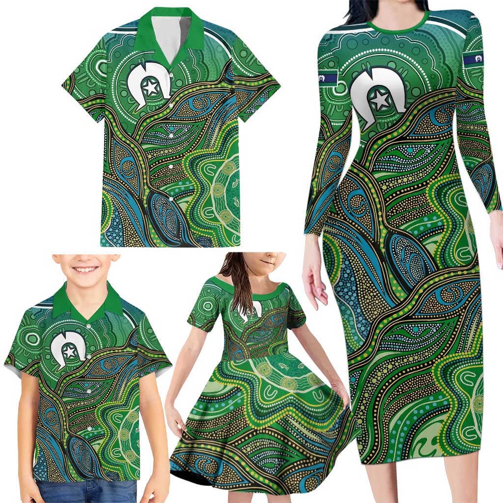 Torres Strait Islands Family Matching Long Sleeve Bodycon Dress and Hawaiian Shirt Indigenous Ocean Wave Dot Green Color