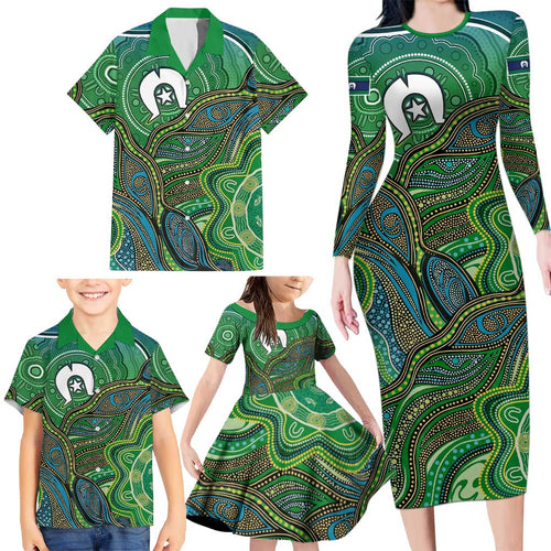 Torres Strait Islands Family Matching Long Sleeve Bodycon Dress and Hawaiian Shirt Indigenous Ocean Wave Dot Green Color