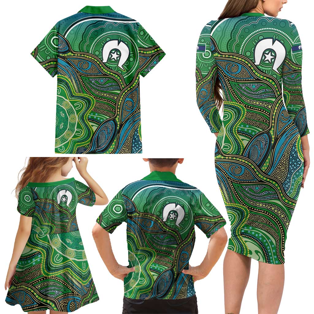 Torres Strait Islands Family Matching Long Sleeve Bodycon Dress and Hawaiian Shirt Indigenous Ocean Wave Dot Green Color
